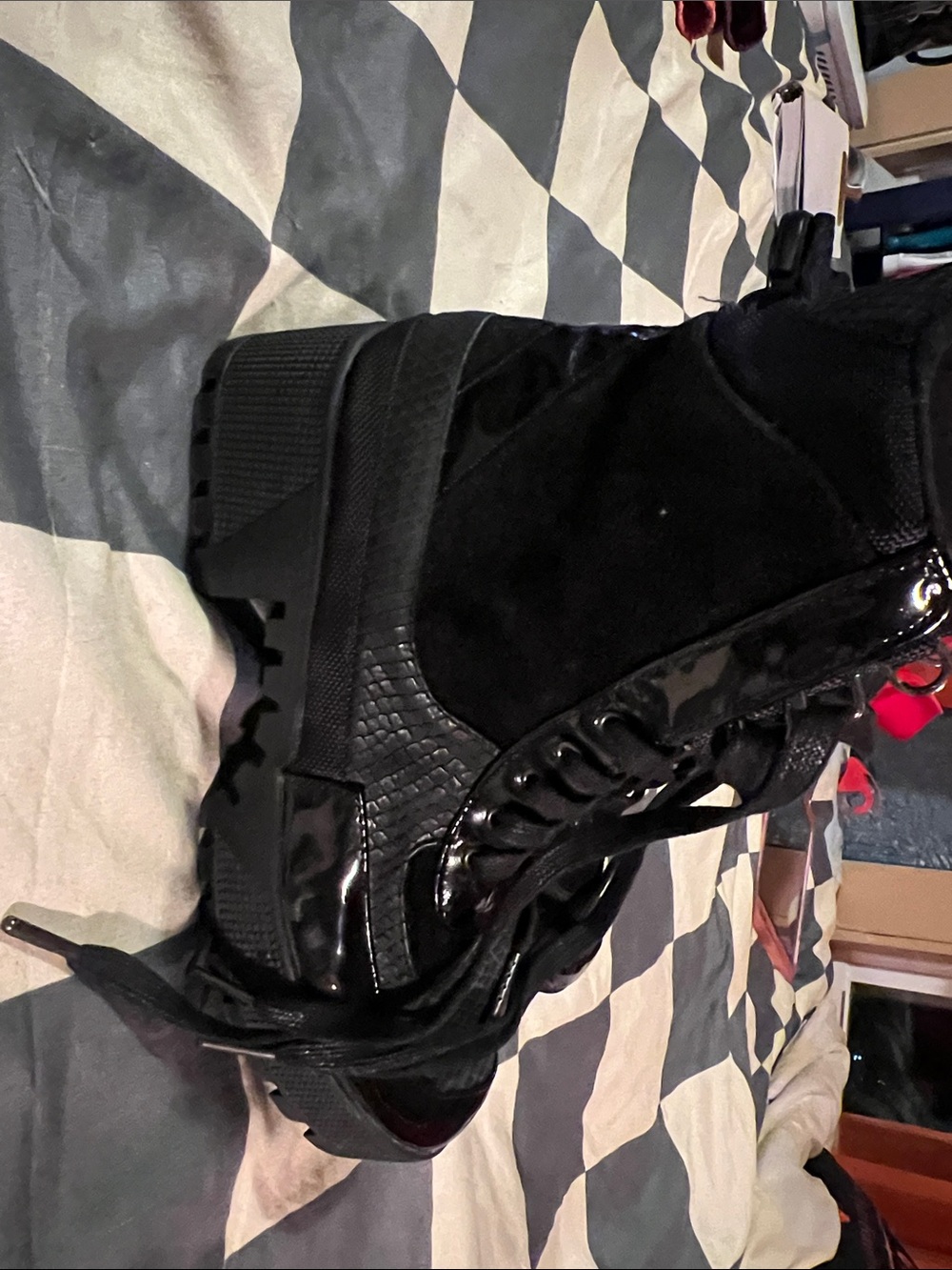 Fashion Nova Black Mixed-Material Platform Combat Boots